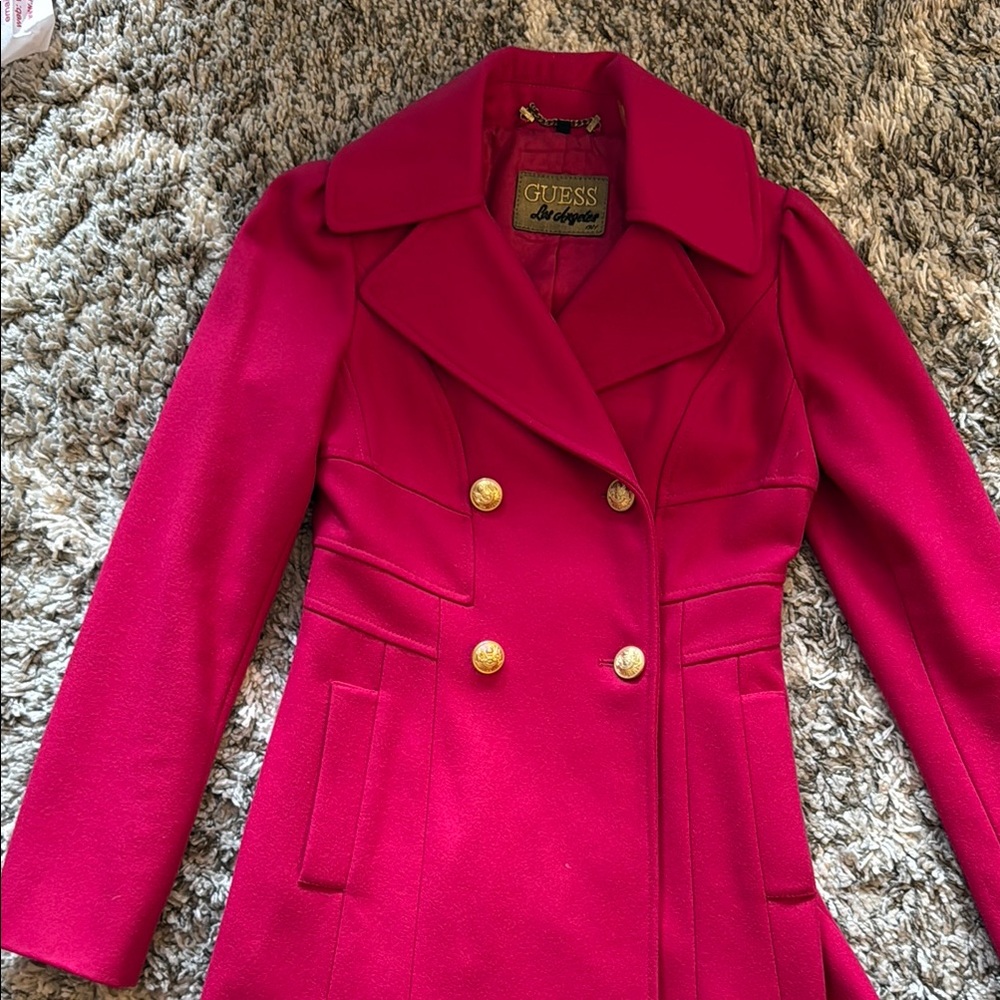 Guess Pink Pea Coat with Textured Wool Blend